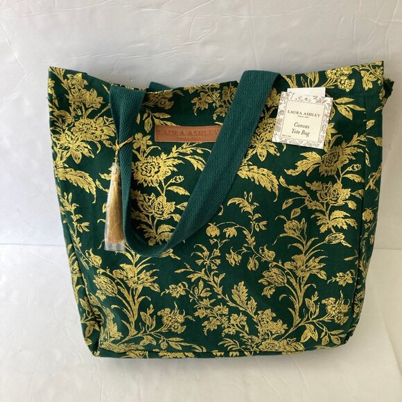 Laura Ashley Forest Green Gold Metallic Floral Canvas Tote Bag Tassel NWT - Picture 1 of 9